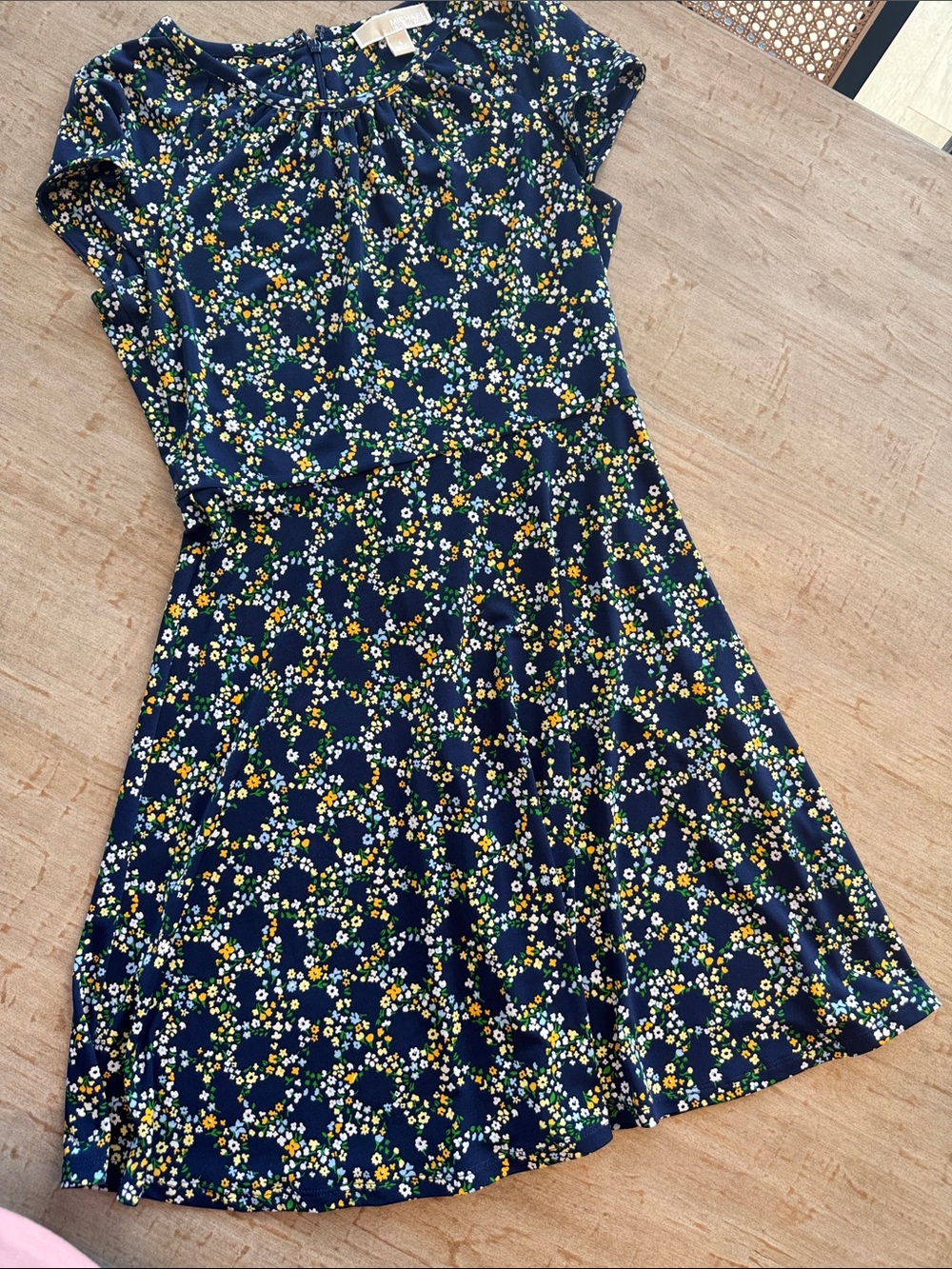 Michael Kors Navy Floral Scoop-Neck Dress with Cut Outs Yellow & White Blooms
